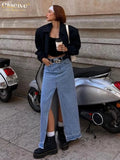 Fashion Blue Denim Skirts For Women Elegant High Waist Slit Long Skirt Streetwear Casual Chic Faldas Female