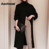 Fashion Knitted Turtleneck Long Sweater Women Front Split Office Solid Pullover Autumn Winter Elegant Jumper