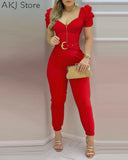 Women Plain Puffed Sleeve Jumpsuit With