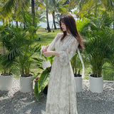 Summer Basic Long Dress Long Sleeve V-Neck Floral Printed Retro Vintage A-Line Women Dresses Chic Korea Fashion