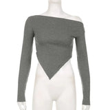 Grey Knitted Crop Top Asymmetrical Collar Full Sleeve T Shirt Women Harajuku Vintage Autumn Winter Basic Tee Street New-Outfit