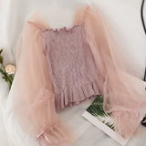 Korean Solid Mesh Long Sleeve Sexy Women Blouses 2020 New Arrival Slash Neck Female Shirts Elegant Mujer