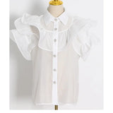 Casual Patchwork Ruffles Fashion Woman Blouses 2022 Lapel Short Sleeve Diamonds Button Through Shirts Female