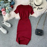 2022 New Short Sleeve Solid Vintage Women Dress Korean Knit Stretch Waist Elegant Dresses O Neck Bodycon Vestidos