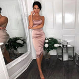 2020 Satin Sleeveless Cross Lace Up Backless Sexy Mid-Calf Dress Women Spaghetti Strap Dresses Club Party Outfits