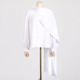 Toloer 2024 New Fashion Temperament Pure Color Scarf Collar Pleated Splicing Design Sense Sleeve Long Sleeve Women's Shirt-Outfit