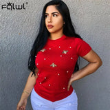 Loose Women Short Sleeve Pearl Beading Tshirt Ladies Tee Tops Summer Solid Weekend Casual Fit Round Neck Basic T