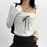 Collar Long Sleeve T-shirts Korean Cute Casual Ribbons Lace-up Bow Top Coquette Style Chic Basics Knitted Tops 2023-Outfit
