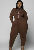 Print Turtleneck Shirt and Pants Plus Size 2 Piece