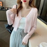 Knitted Cardigan Women's Summer Thin Short Blouse Air-Conditioned Shirt Shawl With Ice Wire Long-Sleeved Sunscreen Jacket-Outfit
