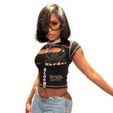 Round Collar Letter Print Sexy Hollow Short-Sleeved T-Shirt Girl New Hottie Fashion