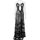 Toloer Women's New Sling With Hollow Out Pleated Lace Slit Dress