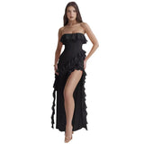 Summer New Sexy Lotus Leaf Side Wrapped Chest Fork Sleeveless Shoulder Dress Dress