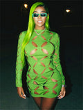 Summer Sexy Bodycon Hollow Out O Neck Dresses For Women 2022 Long Sleeve Dress Female Green Black Party Short Mini