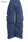 Blue Multi-pockets Baggy Jeans Women Clothes Winter 2023 Fashion High Waist Wide Leg Pants Denim Trousers