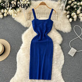 Women Summer Knitted Dress Squre Neck Sleeveless Backless Sheath Sundress Streetwear Ladies Sexy Party Long