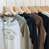 Shoulder V-Collar T-Shirt Women's Long-Sleeved Spring And Autumn Decoration With Threaded Bottomed Shirt And Short High-Waist Chic Blouse-Outfit
