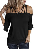 Summer Women's T-shirt Fashionable Temperament Commuter Shoulder Strap Trumpet Sleeve Loose Casual Joker T-shirt Women