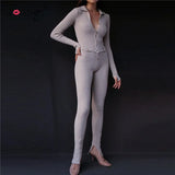 Skinny Two Piece Set Women Knit V-Neck Long Sleeve Top And Pants Female Jumpsuits 2 Piece Outfits Sexy Femme Matching