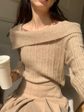 Autumn Off Shoulder Knit Pullover Women Design Sweet Long Sleeve Sweater Y2k Tops Korean Fashion Office Lady Outwear