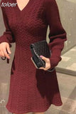 Lace-up Lantern Sleeve A-line Knitted Dress Temperament V-Neck Twist Pattern Knit Sweater Dress Women Autumn Winter