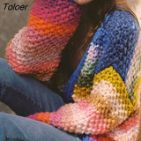 Rainbow Stripe Cardigan Sweater Women Autumn Winter Hand-stitched Knit Cardigan Jacket Jumper Loose