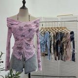 Shot Shoulder Strap Hanging Neck Pure Lust Wind Long-Sleeved T-Shirt Repair Cross-Folded Open Fork Short Top