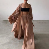 Women 3 Piece Sets Homewear Fashion Casual Lantern Sleeve Cardigan Tops+Wide Leg Pants Suits Lady Spring Soft Three Piece