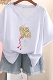 100% Cotton L-5XL Plus Size T Shirt Print Short Sleeve Women's Top Japanese Summer Sweet Couple V Neck Oversize T
