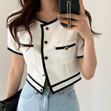 Party Graduation Party Sannian Shirt Women Clothes Korean Retro Round Neck Contrast Color Line Design Shirt Buttons Loose Short Shirt