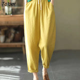 2023 Summer Casual Cotton Linen Pants Women Retro Pockets Loose Harem Pants Woman Solid Elastic Waist Trousers
