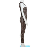 Leopard Print Mesh Skinny Jumpsuit Women One Shoulder Sleeveless Patchwork Fitness Party Activewear Basic Wild Female