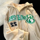 Women Letter Embroidery Hoodies Autumn Winter Retro Zipper Long Sleeve Loose Jacket Coats Y2K Harajuku Casual Hooded Sweatshirts 703-1-Outfit