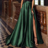 Women Maxi Skirts 2022 Elegant Fashion Satin Split Hem Skirt Elastic High Waist Casual Pleated Evening Party Long