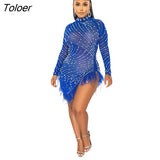 Bead Sleeve Dresses Diamonds Clothing Feather Dress Women Slim Women's Hot Drill Outfit Party Club Fashion Sexy