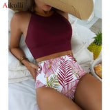 Leaf Print High Waist Bikini Set Swimsuit Women High Neck Tankini Two Pieces Swimwear 2022 Sexy Female Sports Bathing