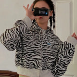 Deeptown Zebra Print Zip Up Hoodie Women Vintage Stripe Crop Top Korean Style 2021 Autumn Long Sleeve Sweatshirt Y2k Chic