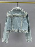 Women's Denim Coat Full Pearls Colored Beaded Crystal Long Sleeve Cool Burrs Female Jackets 2024 Summer New Fashion 29L4067-Outfit
