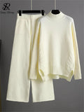 Winter Knitted Two Pieces Suits Turtleneck Loose Knit Top+ Wide Led Long Pants Women Thick Casual Sweater