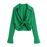 Solid Knots Satin Blouse Summer Long Sleeve Turn Down Collar Office Ladies Fashion Shirts Vintage Chic Tops Chandails