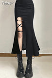 Vintage Black Velvet Split Skirts Aesthetic Sexy High Waist Bow Bodycon Long Skirt Elegant E Girl Punk Partywear