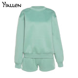 Yiallen Autumn Cotton Solid Two Piece Set Women Early Casual O-Neck Sweater+Drawstring Sporty Shorts Classic Matching