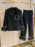 Patchwork Feathers Two Piece Set Womens V Neck Long Sleeve Tops High Waist Wide Leg Pants Solid Sets Female