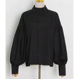 Solid Color Ruched Casual Shirts For Women Puff Sleeves Loose Oversized Shirts Female 2022 Autumn Fashion