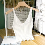 Sexy Knitted Crop Top Crop Sleeveless Cropped Vest Slim Sling Knitted Tank Top V-neck Plain Camisole High Elastic