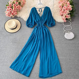 Vintage Blue/Black/Yellow Romper Women Casual V-Neck Short Puff Sleeve High Elastic Waist Elegant Wide Leg Jumpsuits Female