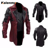 Coat Men Faux Leather PU Trench Jacket Medieval Goth Spring Fall Top Streetwear Vintage Gothic Moto Biker Outwear Abrigos-Outfit