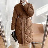 2021 Winter New Korean Style Long Cotton-padded Coat Women's Casual Stand-up Collar Argyle Pattern Oversized Parka Chic