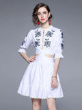 Fashion Designer Runway Summer Embroidery Flower White Dress Women's Half Sleeve Hollow Out Lace Trims Vestidos