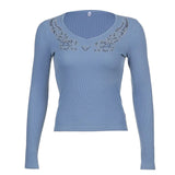 Diamonds Crop Top Black Long Sleeve Knitted T Shirt V Neck Basic Harajuku Pullovers Women Autumn Winter Tee Korean